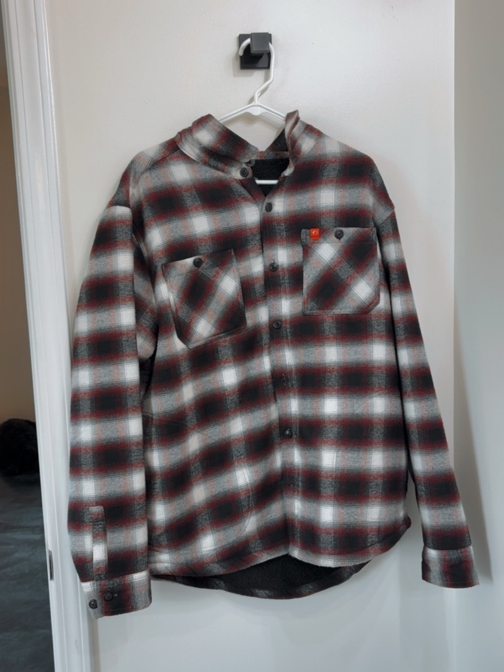 Men's Plaid Fleece Button-Up Jacket Shirt - Black, White & Red
